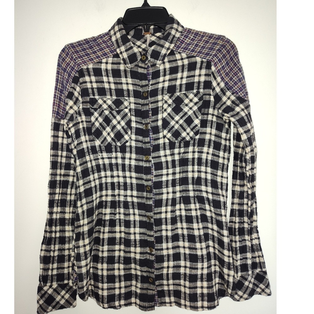Free People Womens Plaid Button Down Shirt Black Cream Mixed Media Purple XS